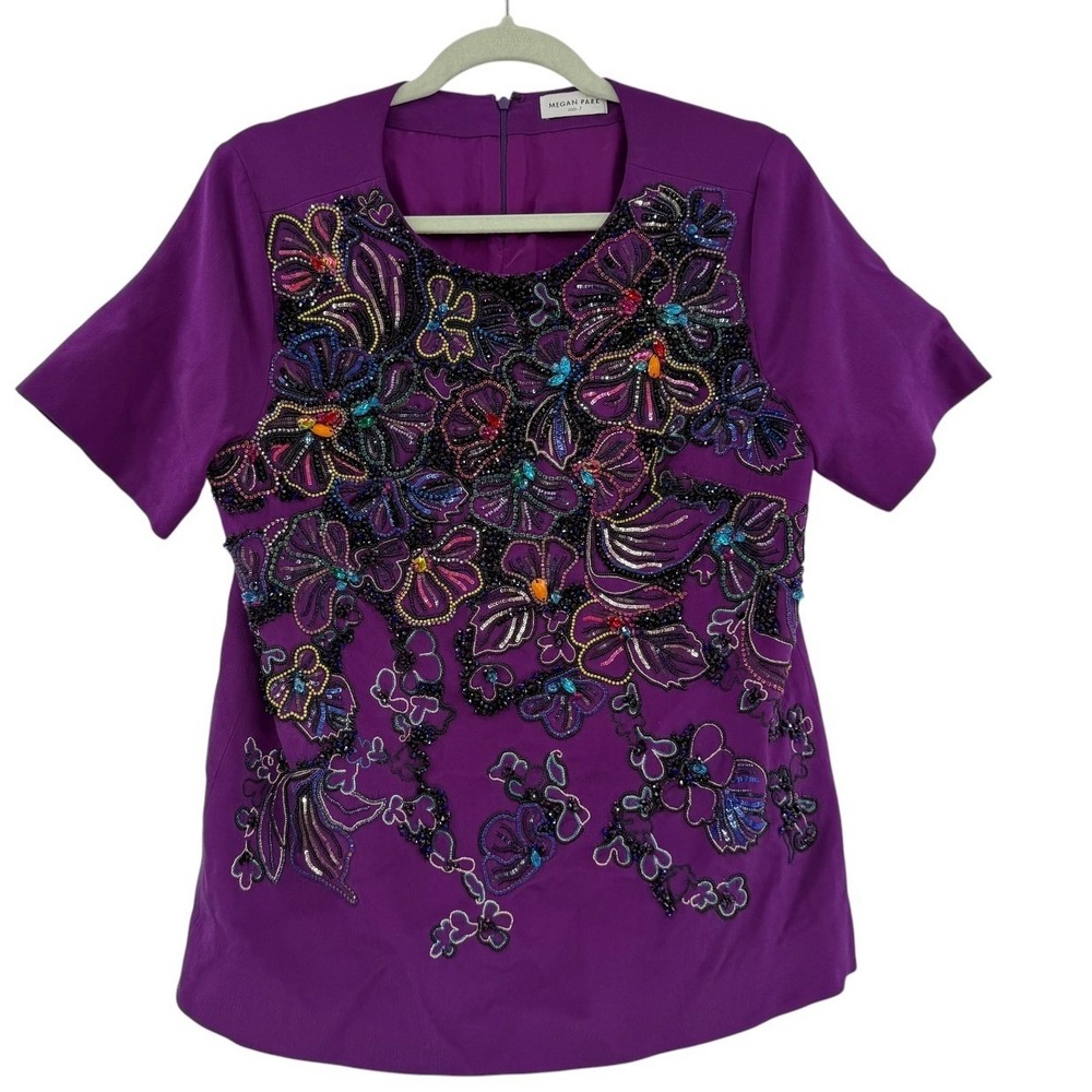 Megan Park Purple 100% Silk Beaded Floral Embroidery Short Sleeve Blouse Size 1